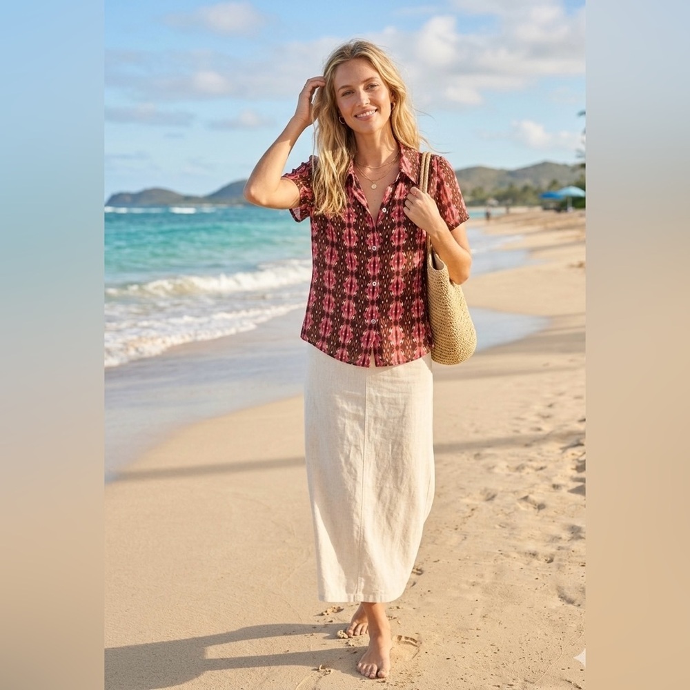 Mo & Su Gorgeous 100% Silk Short-Sleeve Printed Button Down Shirt